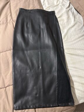 Forever 21 Black Faux Leather Midi Skirt with Side Slit